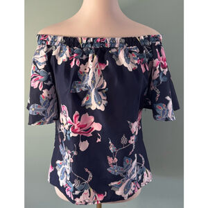 Women's StyleDome Floral Off-Shoulder Top, Size M, Blue/Pink